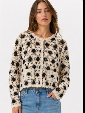 NWT Walter Baker Brooke Crochet Cardigan Cream Black Floral Open Knit L